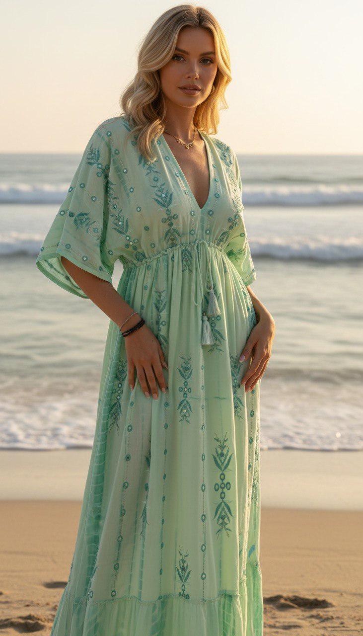 Mint Green Boho Maxi Dress, Embroidered Beach Dress, Flowy Summer Dress, V-neck Resort Wear, Cottagecore Dress.