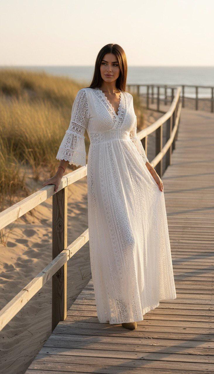 Black Boho Maxi Dress, Lace Long Sleeve Dress for Women, Elegant Summer Dress, Beach Vacation Outfit, Bohemian Resort Wear.