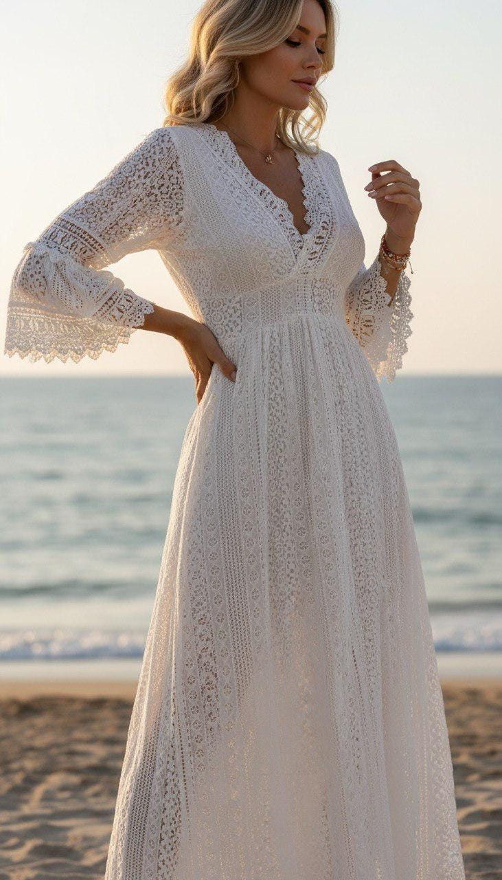 Black Boho Maxi Dress, Lace Long Sleeve Dress for Women, Elegant Summer Dress, Beach Vacation Outfit, Bohemian Resort Wear.