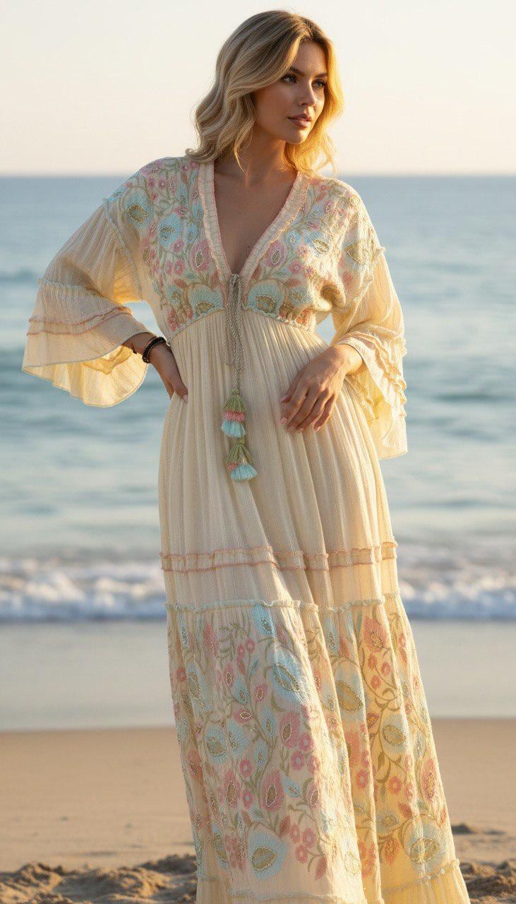 Boho Maxi Dress, Floral Embroidered Beach Dress, Cream Flowy Long Dress, V Neck Summer Dress, Romantic Bohemian Dress, Boho Dress Maxi.