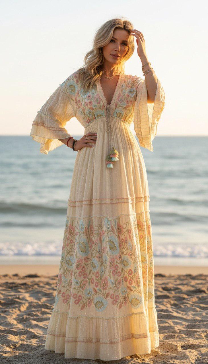 Sky Blue Boho Maxi Dress, Embroidered Long Dress, Resort Wear for Women, Beach Vacation Outfit, Flowy Bohemian Dress.