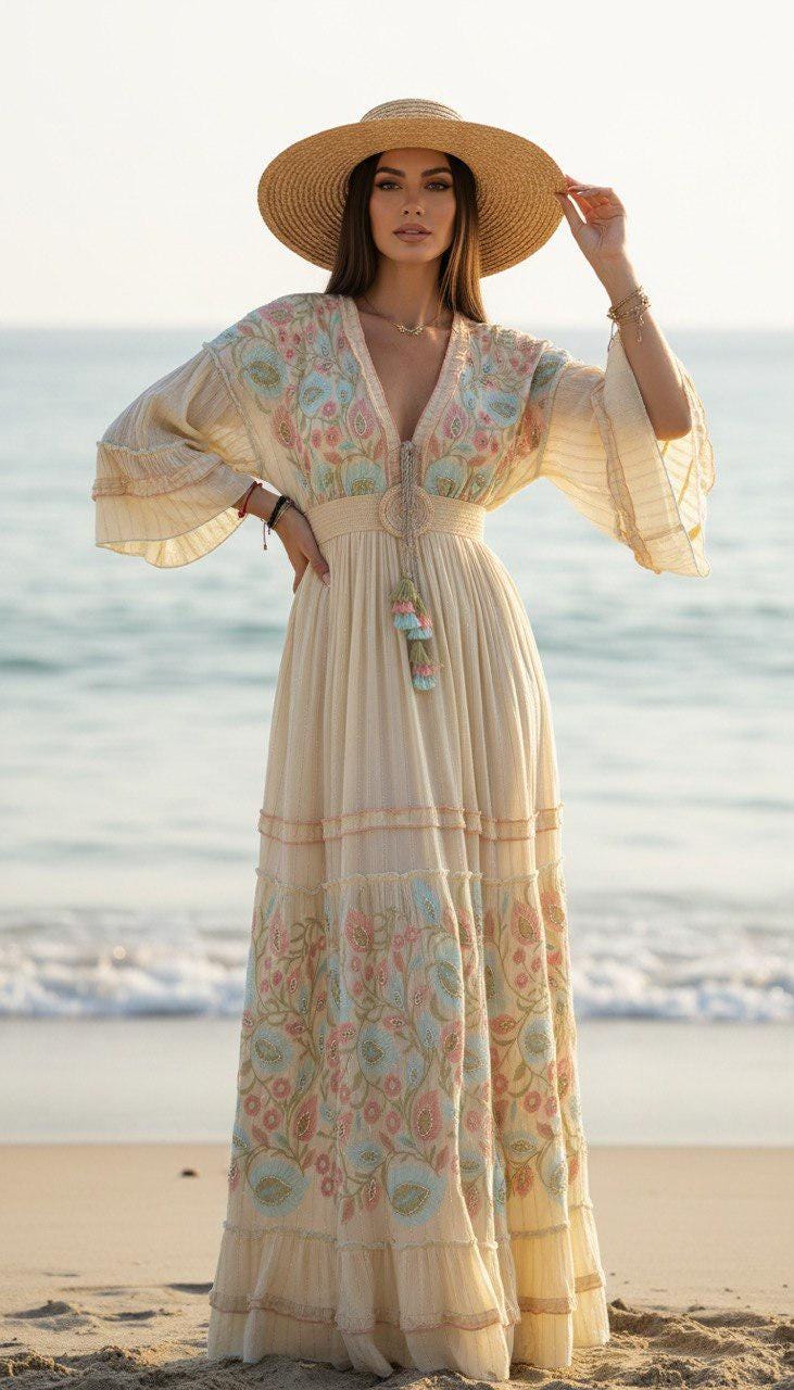 Sky Blue Boho Maxi Dress, Embroidered Long Dress, Resort Wear for Women, Beach Vacation Outfit, Flowy Bohemian Dress.