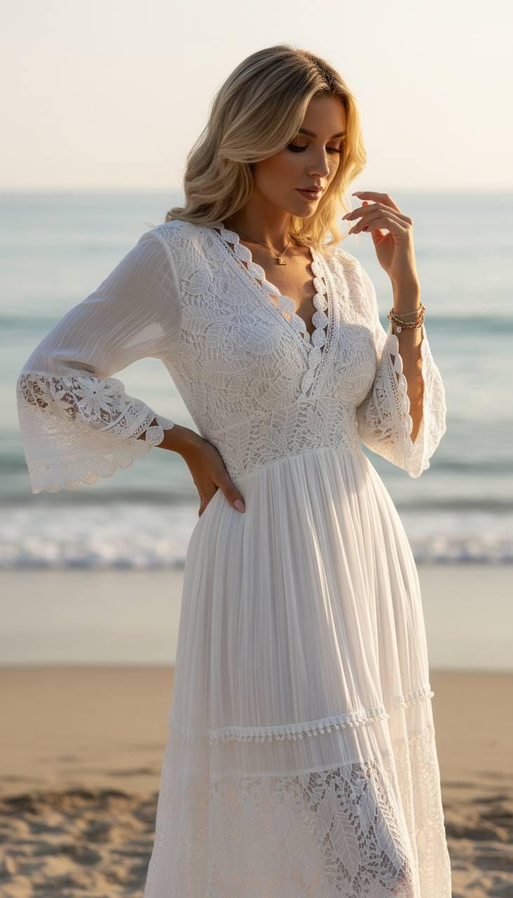 Boho Wedding Dress, Long Sleeve Lace Bridal Gown, V Neck Bohemian Wedding Dress, Civil Wedding Dress, Rustic Bride.