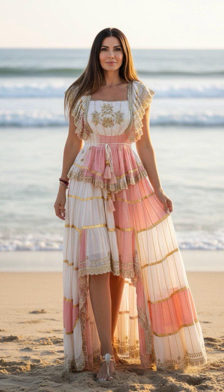 Pink High Low Boho Dress, Embroidered Cottagecore Dress, Romantic Fairycore Dress, Flowy Summer Dress, Garden Party Dress.