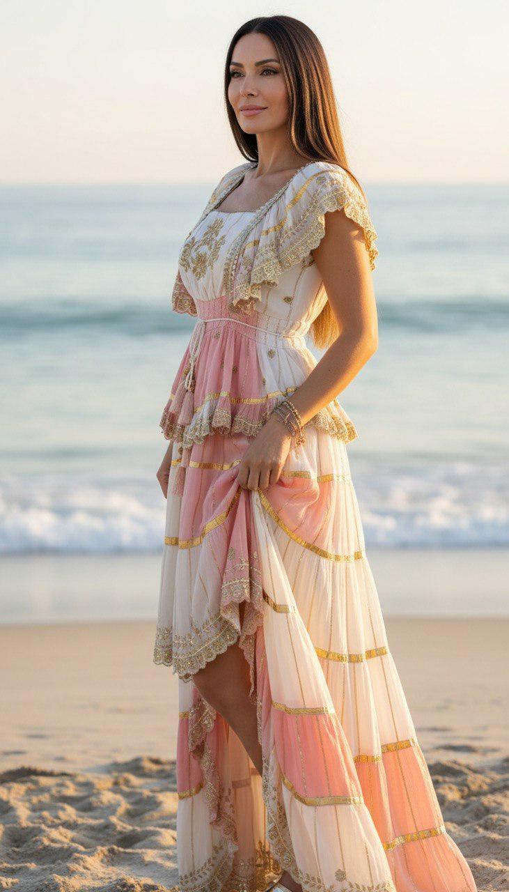 Pink High Low Boho Dress, Embroidered Cottagecore Dress, Romantic Fairycore Dress, Flowy Summer Dress, Garden Party Dress.