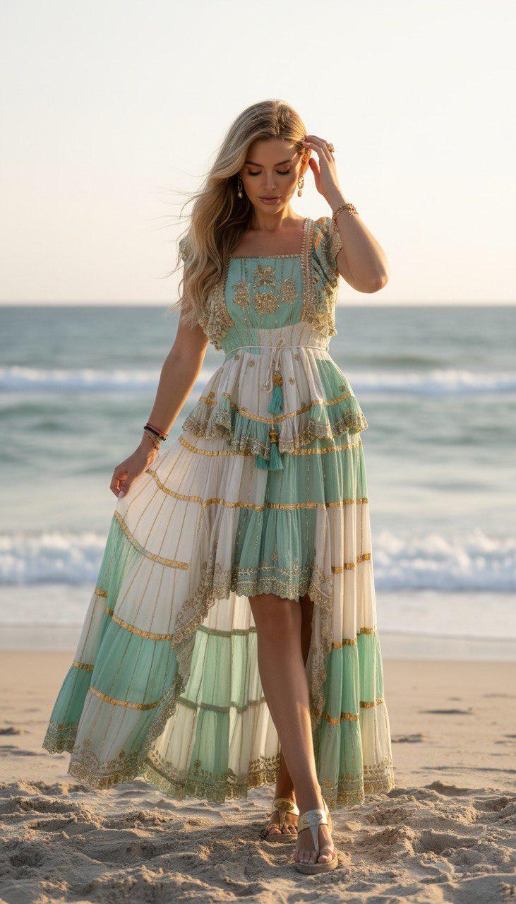 Mint Green and White Boho Skirt Set, Two Piece Crop Top and Maxi Skirt, Bohemian Summer Outfit, Festival Co Ord Set,romantic Beachwear Dress