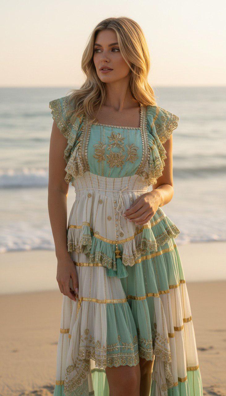 Mint Green and White Boho Skirt Set, Two Piece Crop Top and Maxi Skirt, Bohemian Summer Outfit, Festival Co Ord Set,romantic Beachwear Dress