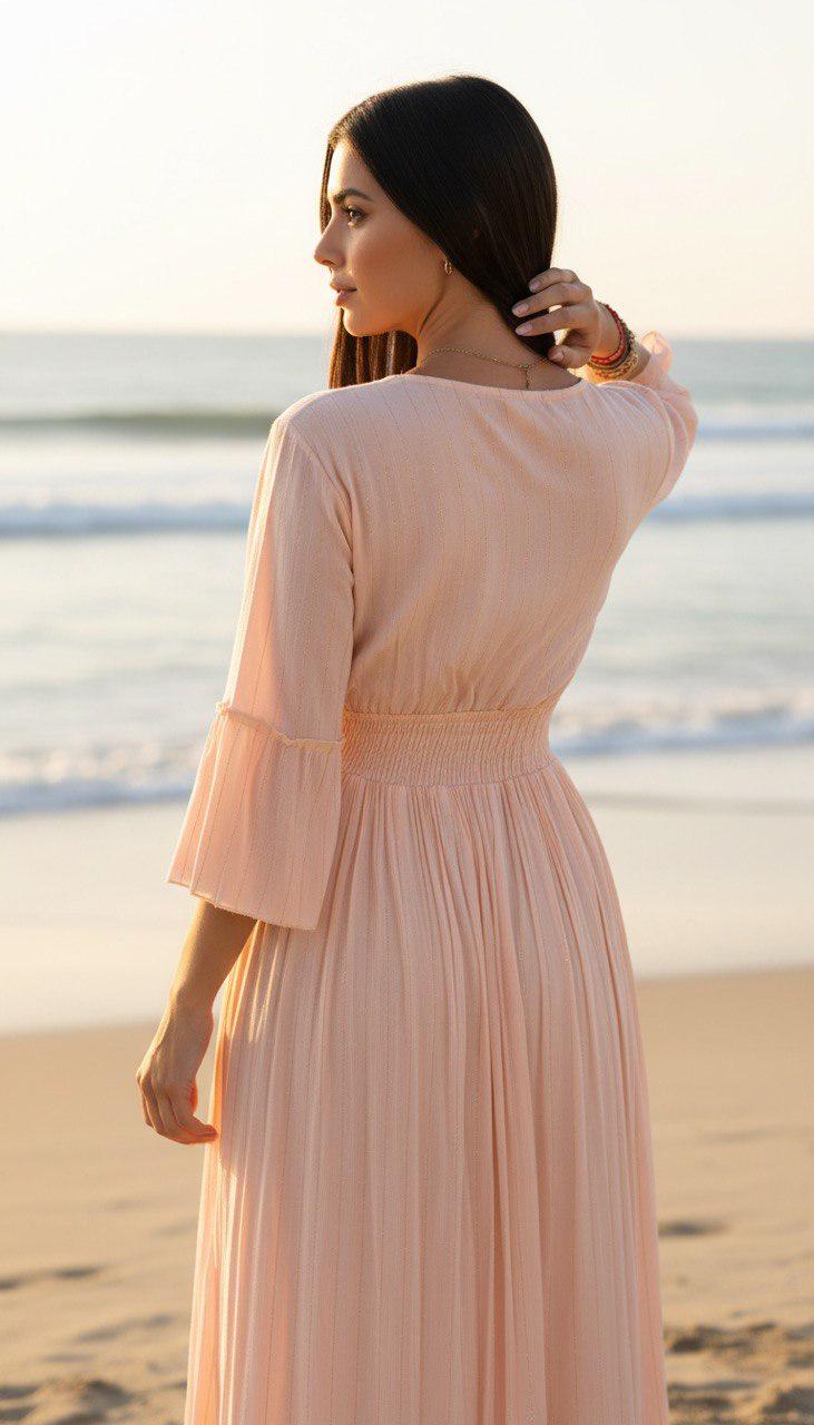 Blush Pink Boho Maxi Dress for Women, Embroidered Long Sleeve Dress, Pleated Summer Dress, Modest Wedding Guest Dress.