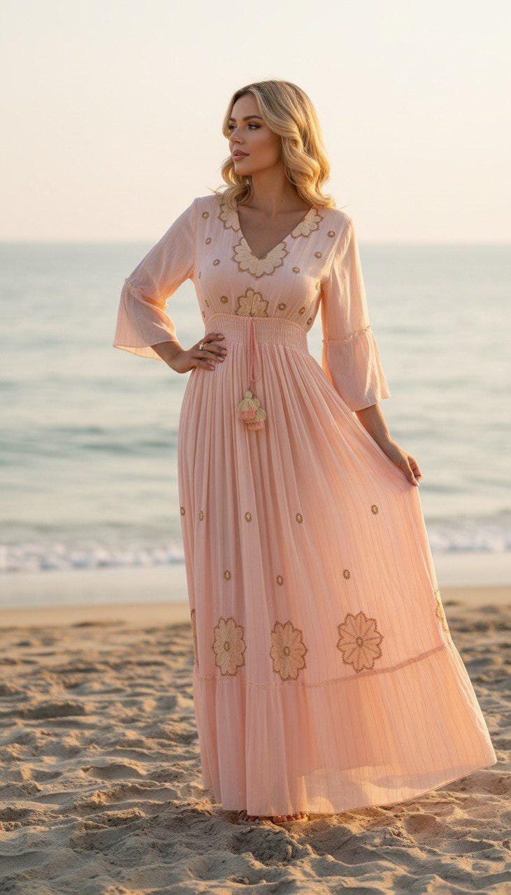Blush Pink Boho Maxi Dress for Women, Embroidered Long Sleeve Dress, Pleated Summer Dress, Modest Wedding Guest Dress.