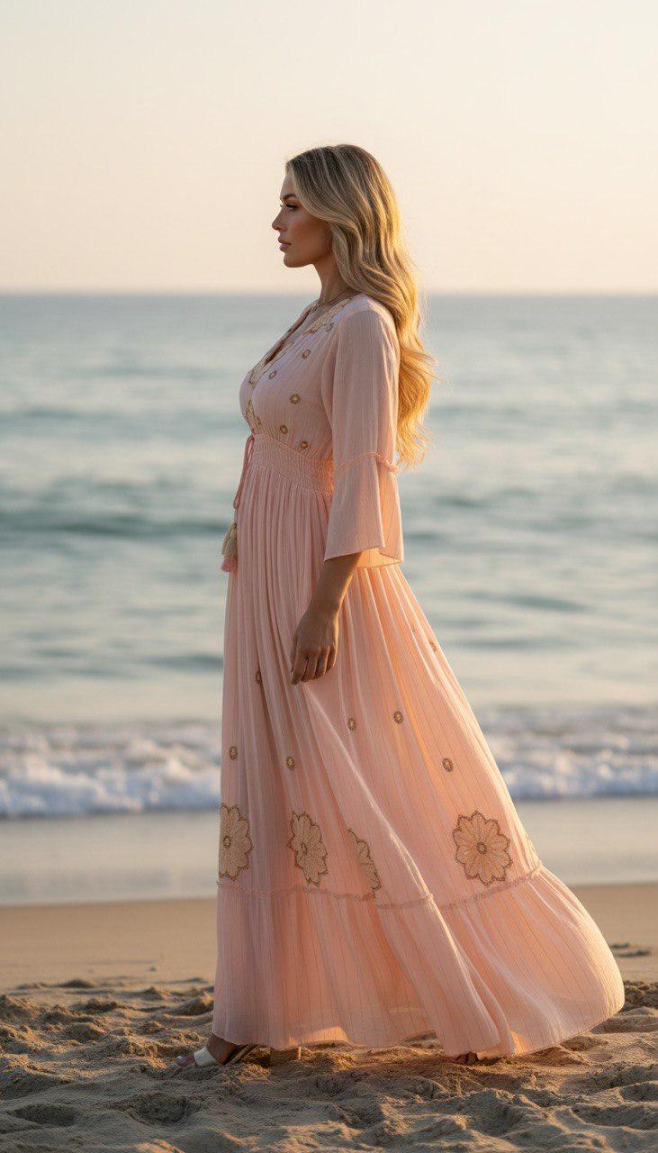 Mint Green Boho Maxi Dress, Embroidered Beach Dress, V Neck Summer Dress, Flowy Resort Wear, Bohemian Vacation Dress, Long Sleeve Maxi Dress