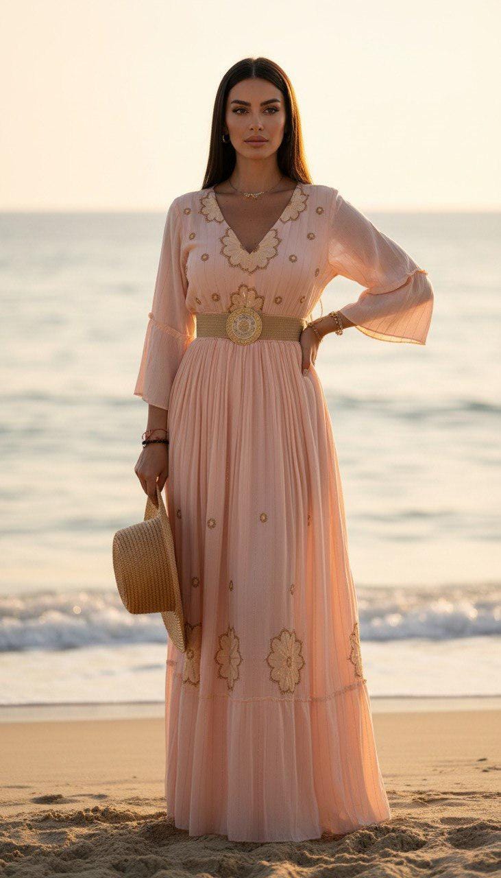 Mint Green Boho Maxi Dress, Embroidered Beach Dress, V Neck Summer Dress, Flowy Resort Wear, Bohemian Vacation Dress, Long Sleeve Maxi Dress