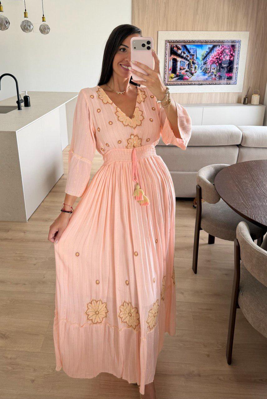 Blush Pink Boho Maxi Dress for Women, Embroidered Long Sleeve Dress, Pleated Summer Dress, Modest Wedding Guest Dress.