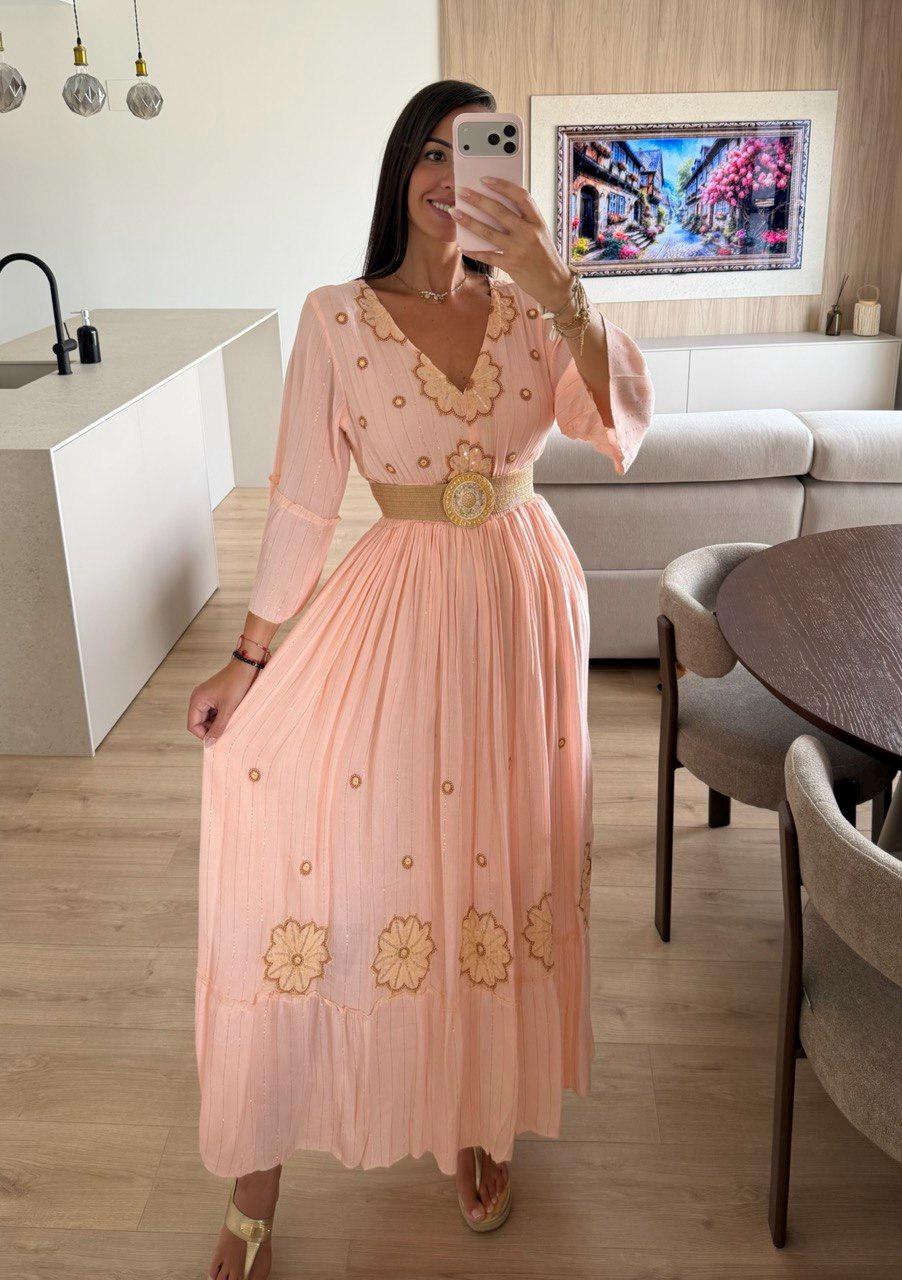 Blush Pink Boho Maxi Dress for Women, Embroidered Long Sleeve Dress, Pleated Summer Dress, Modest Wedding Guest Dress.