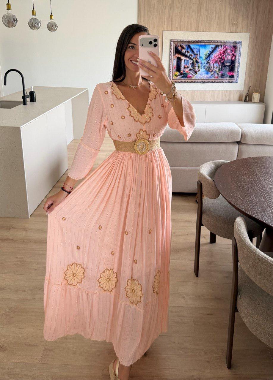 Blush Pink Boho Maxi Dress for Women, Embroidered Long Sleeve Dress, Pleated Summer Dress, Modest Wedding Guest Dress.