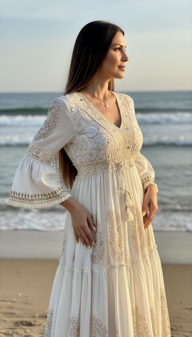 White Bohemian Maxi Dress, Cottagecore Prairie Dress, V Neck Flowy Dress, Romantic Summer Dress, Bridal Shower Outfit, Boho Kleid, Boho Chic