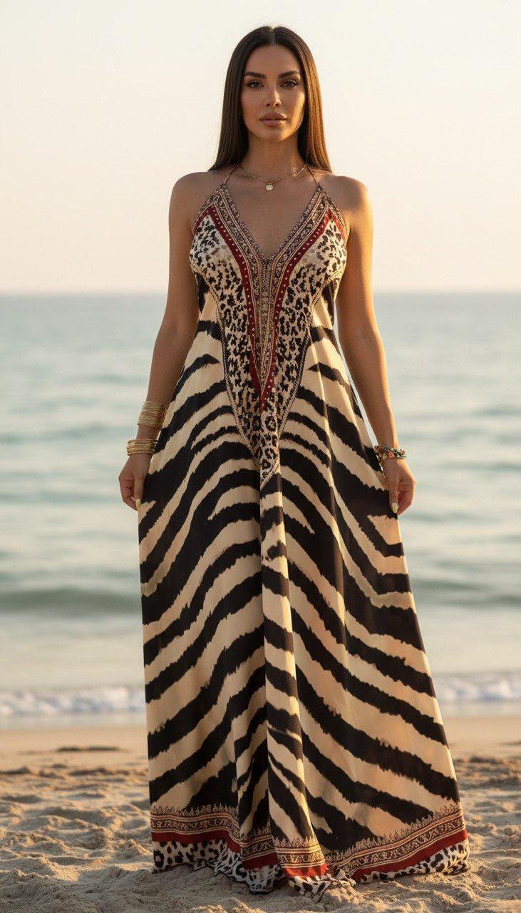 Boho Animal Print Maxi Dress for Women, Backless Beach Dress, Zebra Print Summer Dress, Resort Vacation Outfit, Flowy Bohemian Gown.