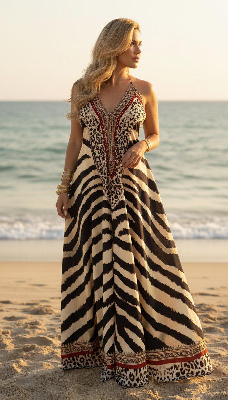 Boho Animal Print Maxi Dress for Women, Backless Beach Dress, Zebra Print Summer Dress, Resort Vacation Outfit, Flowy Bohemian Gown.