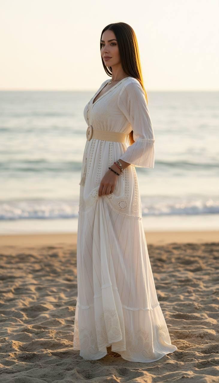 White Boho Maxi Dress for Women, Long Embroidered Summer Dress, Beach Vacation Dress, Bohemian Resort Dress, Bridal Shower Outfit.