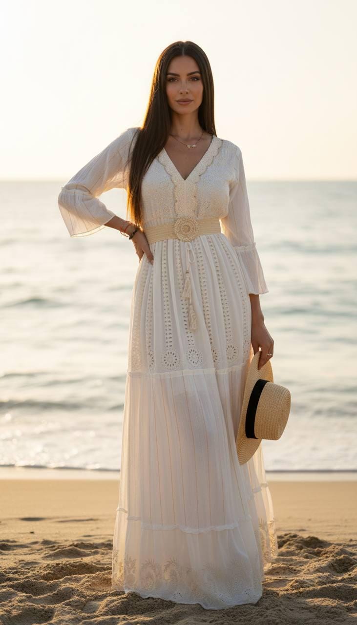 White Boho Maxi Dress for Women, Long Embroidered Summer Dress, Beach Vacation Dress, Bohemian Resort Dress, Bridal Shower Outfit.