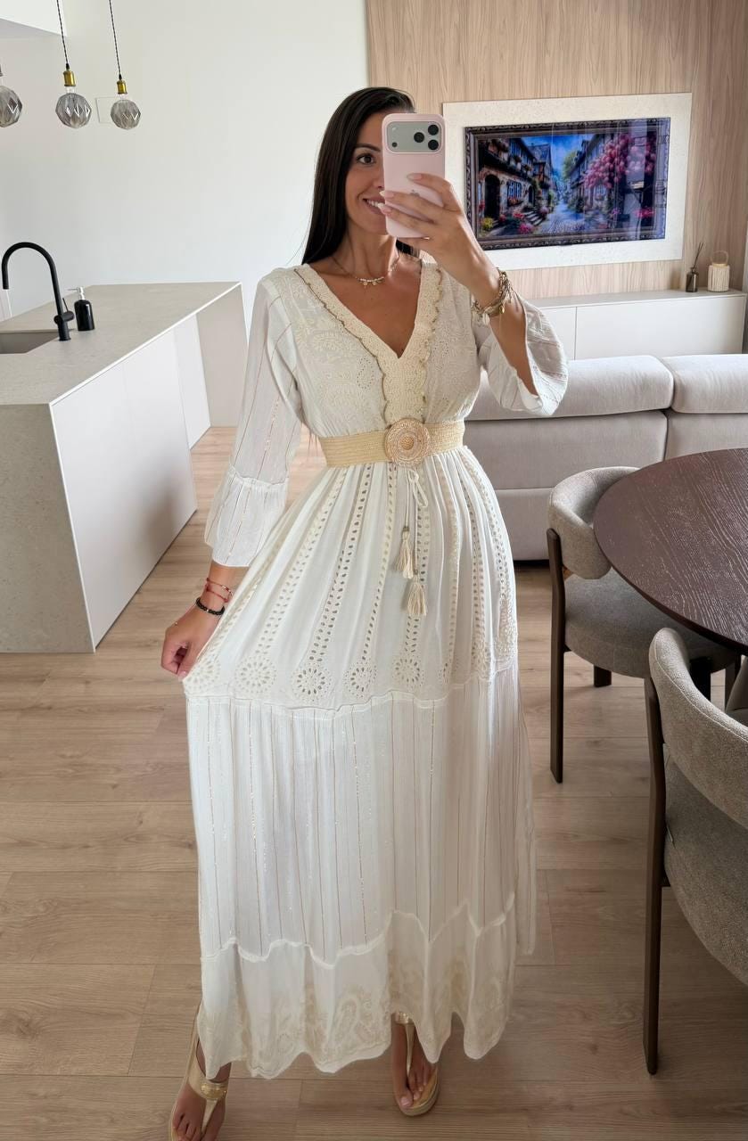 White Boho Maxi Dress for Women, Long Embroidered Summer Dress, Beach Vacation Dress, Bohemian Resort Dress, Bridal Shower Outfit.