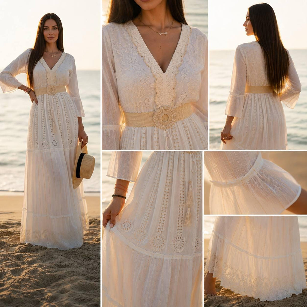 White Boho Maxi Dress for Women, Long Embroidered Summer Dress, Beach Vacation Dress, Bohemian Resort Dress, Bridal Shower Outfit.