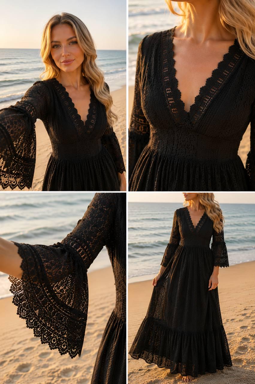 Black Boho Maxi Dress, Lace Long Sleeve Dress for Women, Elegant Summer Dress, Beach Vacation Outfit, Bohemian Resort Wear.