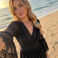 Black Boho Maxi Dress, Lace Long Sleeve Dress for Women, Elegant Summer Dress, Beach Vacation Outfit, Bohemian Resort Wear.