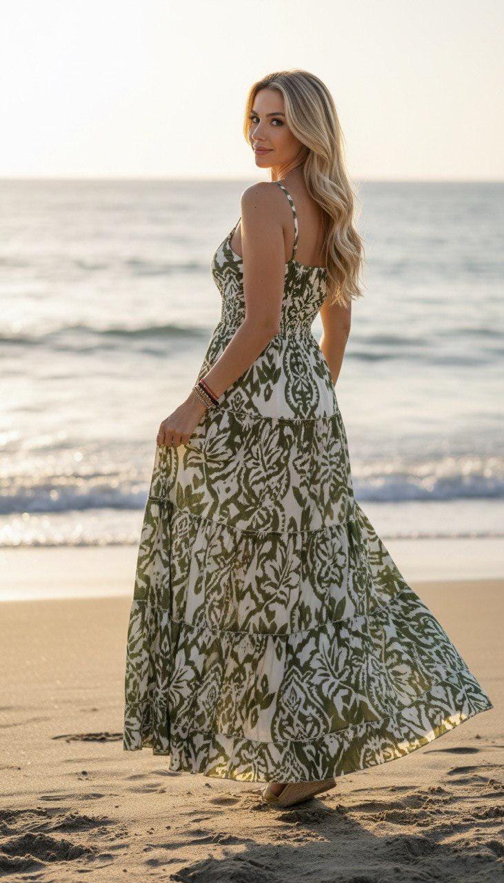 Boho Printed Maxi Dress for Women, Summer Beach Dress, Sleeveless Vacation Outfit, Flowy Resort Dress, Split Leg Bohemian Gown.