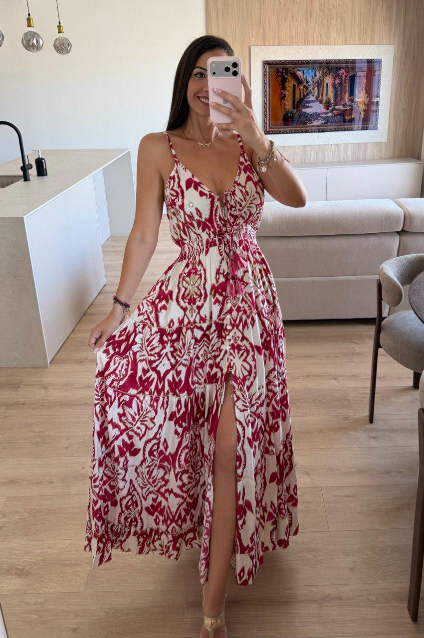 Boho Printed Maxi Dress for Women, Summer Beach Dress, Sleeveless Vacation Outfit, Flowy Resort Dress, Split Leg Bohemian Gown.