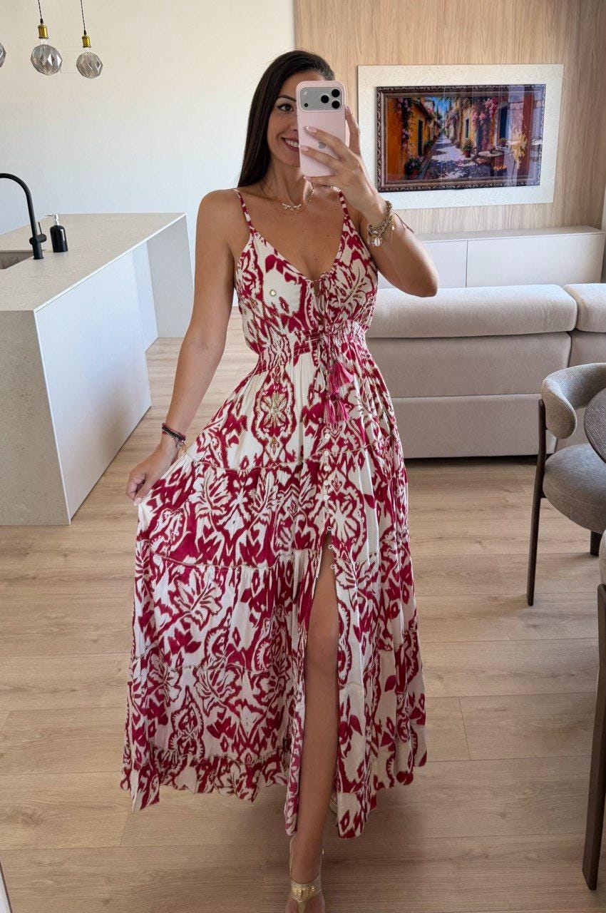 Boho Printed Maxi Dress for Women, Summer Beach Dress, Sleeveless Vacation Outfit, Flowy Resort Dress, Split Leg Bohemian Gown.