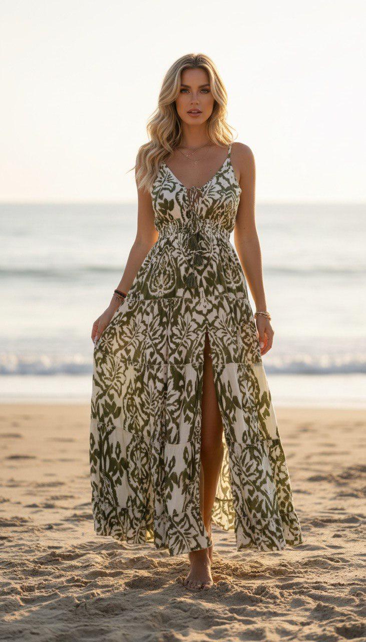 Boho Printed Maxi Dress for Women, Summer Beach Dress, Sleeveless Vacation Outfit, Flowy Resort Dress, Split Leg Bohemian Gown.
