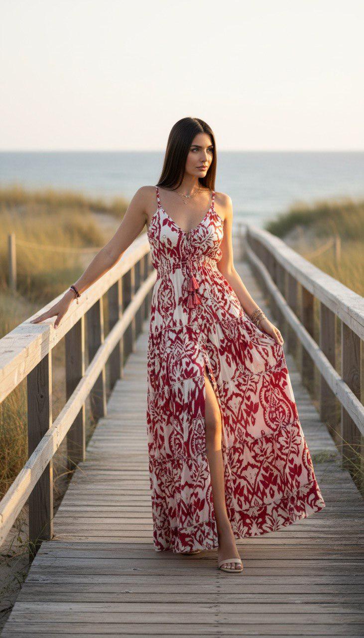 Boho Printed Maxi Dress for Women, Summer Beach Dress, Sleeveless Vacation Outfit, Flowy Resort Dress, Split Leg Bohemian Gown.
