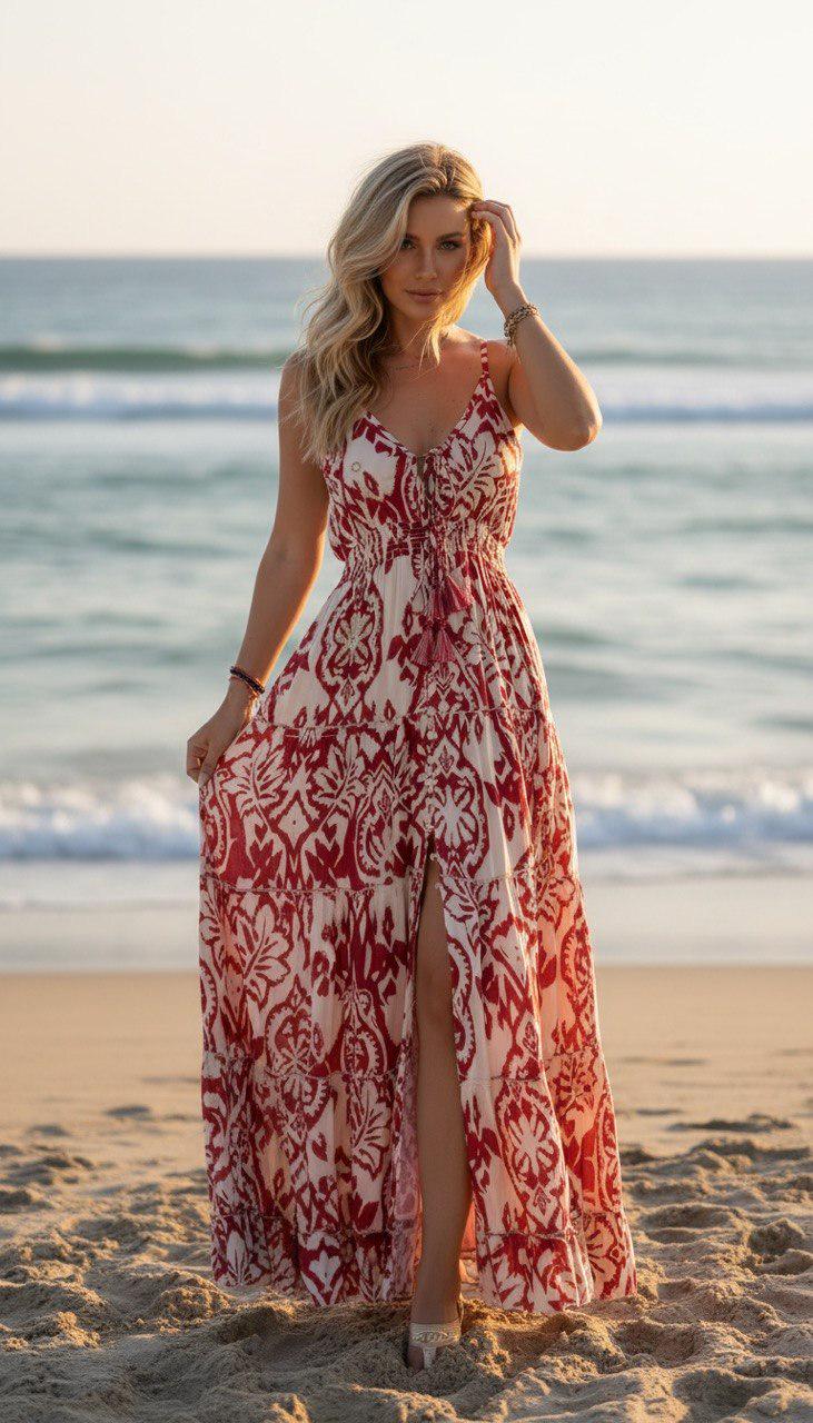 Boho Printed Maxi Dress for Women, Summer Beach Dress, Sleeveless Vacation Outfit, Flowy Resort Dress, Split Leg Bohemian Gown.