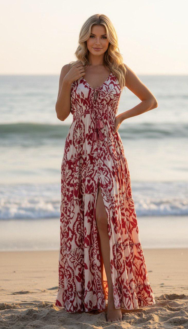 Boho Printed Maxi Dress for Women, Summer Beach Dress, Sleeveless Vacation Outfit, Flowy Resort Dress, Split Leg Bohemian Gown.