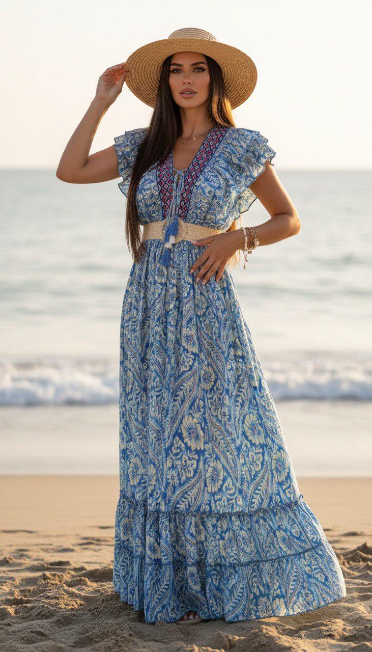 Pink Boho Maxi Dress for Men, Ruffle Sleeve Summer Dress, Beach Vacation Outfit, Flowy Paisley Long Dress, Festival Clothing, Silk for Women