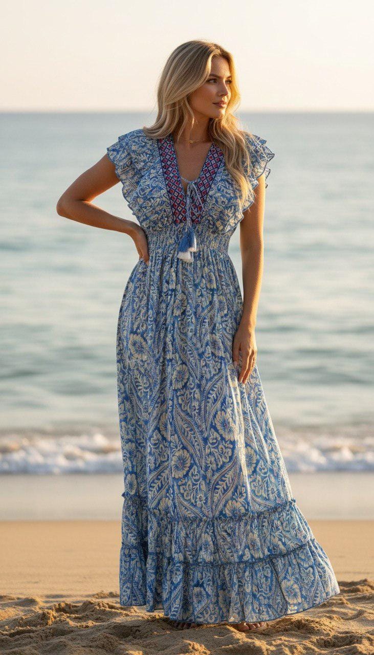 Pink Boho Maxi Dress for Men, Ruffle Sleeve Summer Dress, Beach Vacation Outfit, Flowy Paisley Long Dress, Festival Clothing, Silk for Women
