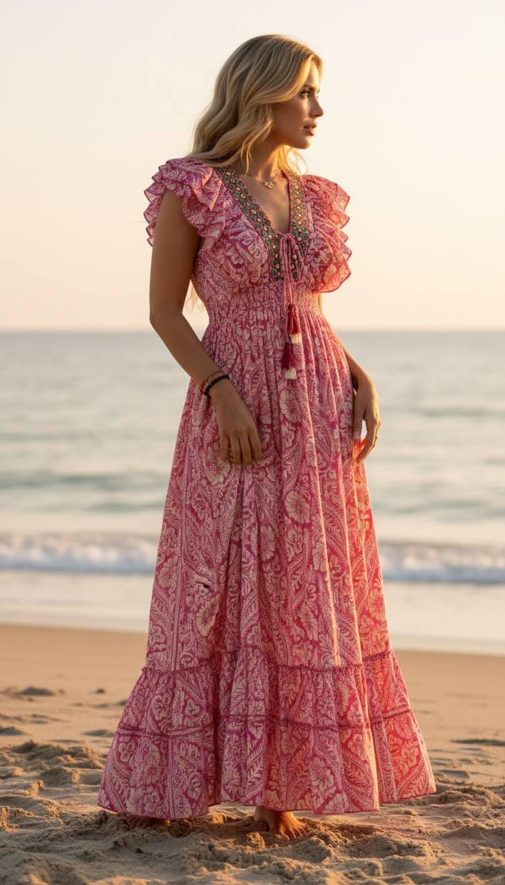 Pink Boho Maxi Dress for Men, Ruffle Sleeve Summer Dress, Beach Vacation Outfit, Flowy Paisley Long Dress, Festival Clothing, Silk for Women