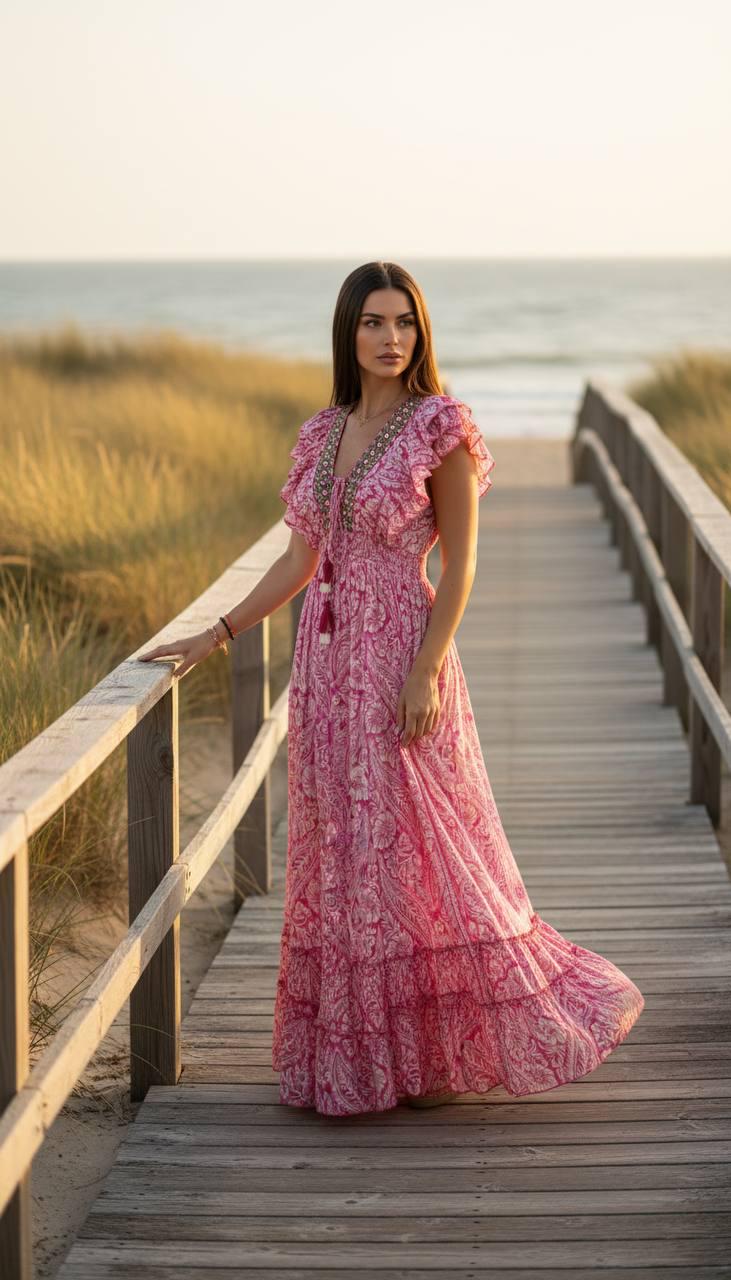 Pink Boho Maxi Dress for Men, Ruffle Sleeve Summer Dress, Beach Vacation Outfit, Flowy Paisley Long Dress, Festival Clothing, Silk for Women