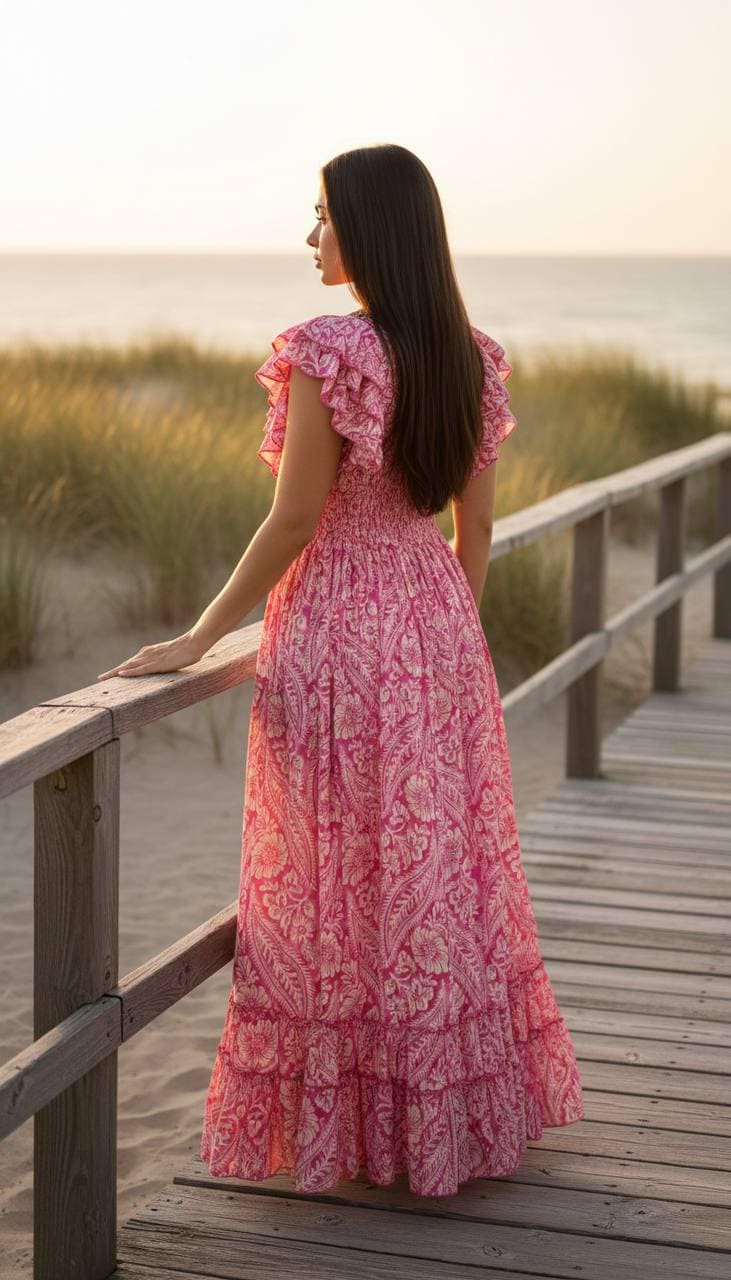 Pink Boho Maxi Dress for Men, Ruffle Sleeve Summer Dress, Beach Vacation Outfit, Flowy Paisley Long Dress, Festival Clothing, Silk for Women