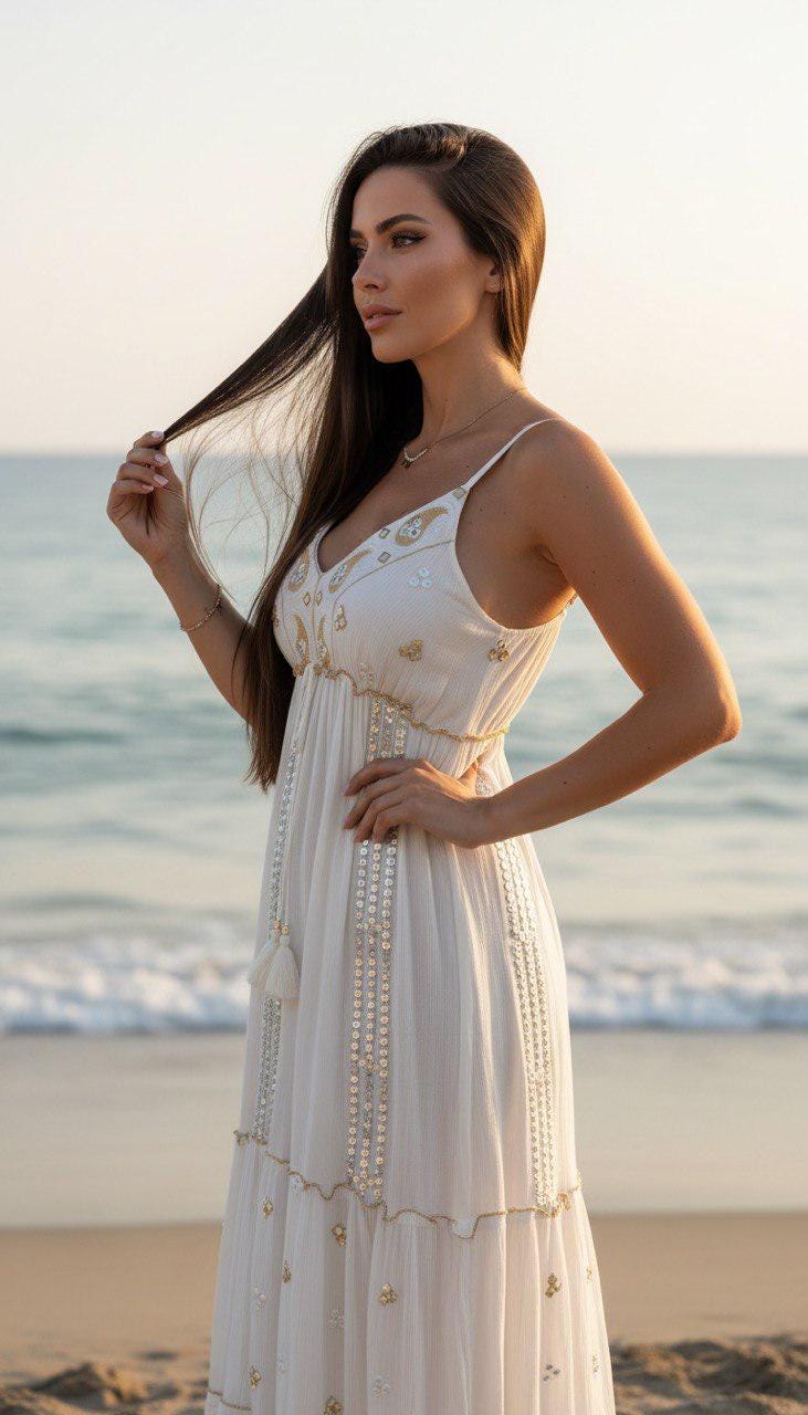 White Boho Maxi Dress for Women, Embroidered Summer Dress, Beach Vacation Dress, Flowy Resort Wear, Bohemian Long Dress, Hippie Boho Dress.