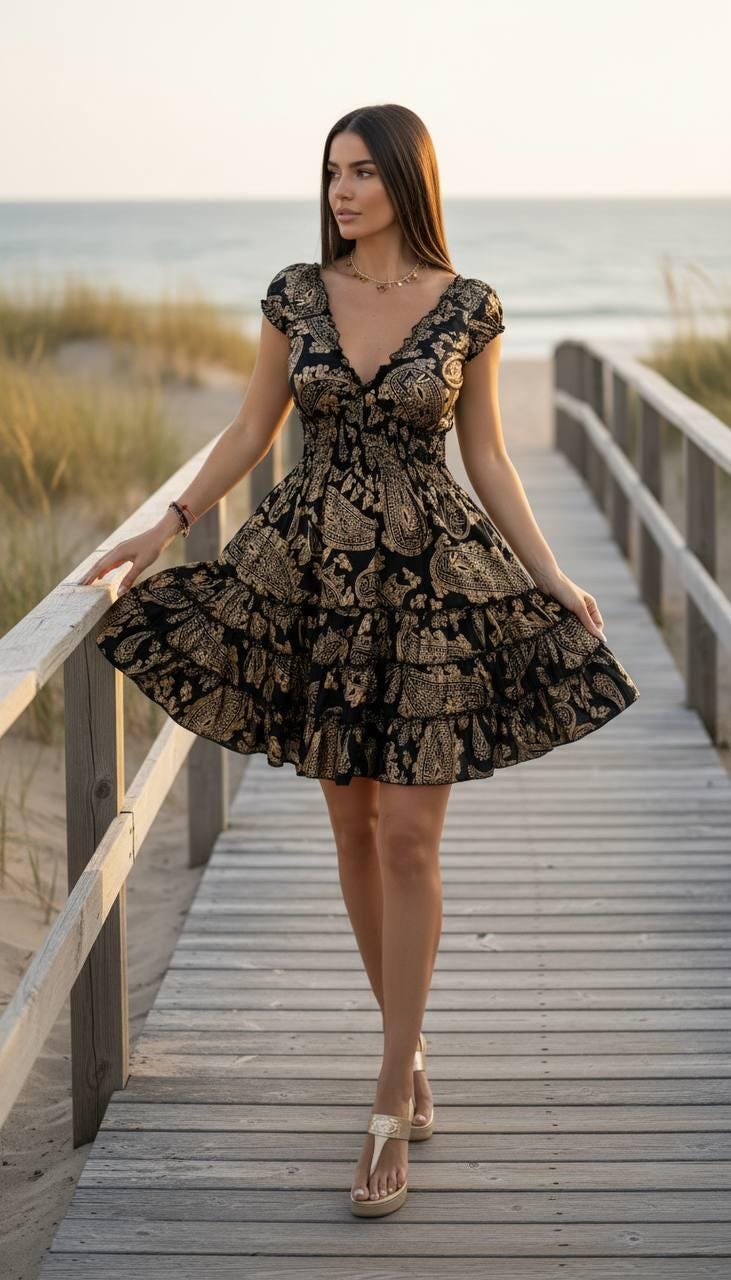 Black Boho Mini Dress for Women, Floral Summer Dress, Beach Vacation Dress, Flowy Ruffle Dress, Bohemian Resort Wear, Smocked Mini Dress.