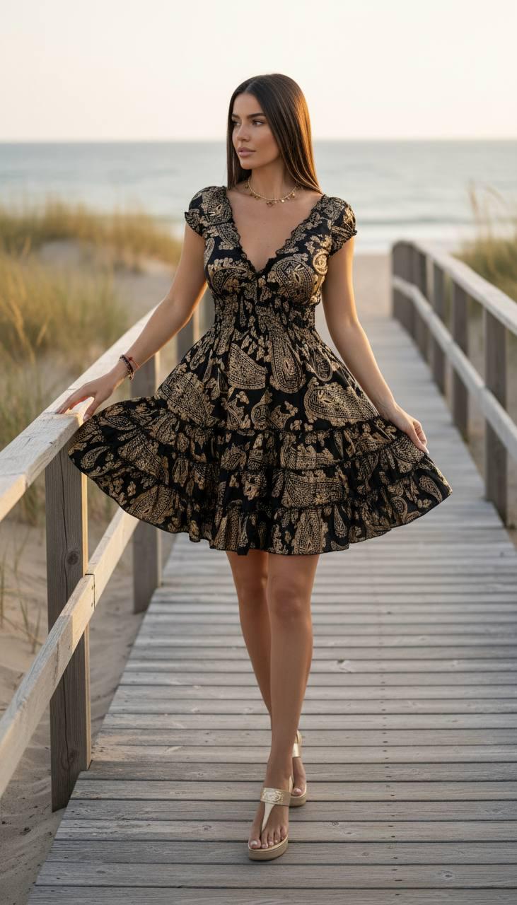 Terracotta Boho Mini Dress for Women, Flowy Summer Dress, Beach Vacation Dress, Bohemian Ruffle Dress, Resort Wear, Smocked Mini Dress.