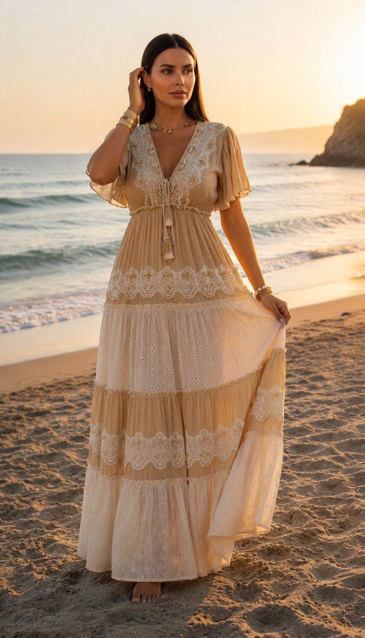 Beige Boho Maxi Dress, Lace Tiered Summer Dress, V Neck Flowy Beach Dress, Cottagecore Maxi Dress, Resort Vacation Outfit.