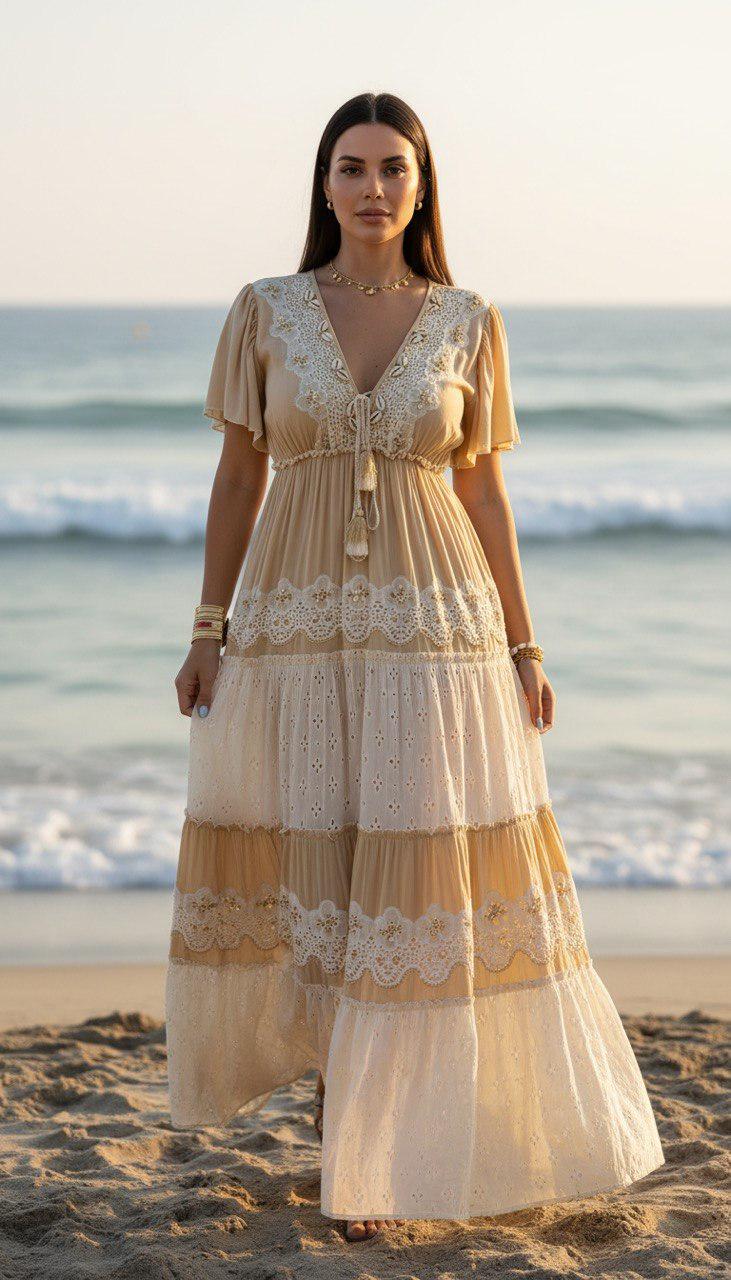 Beige Boho Maxi Dress, Lace Tiered Summer Dress, V Neck Flowy Beach Dress, Cottagecore Maxi Dress, Resort Vacation Outfit.