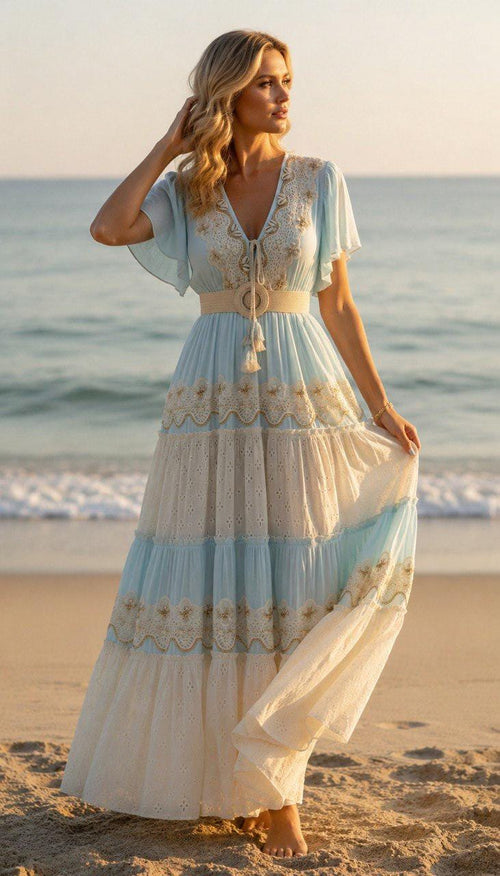 Boho Beach Maxi Dress, Blue Lace Summer Dress, Ibiza Style Maxi Dress, Cottagecore Dress, Romantic Vacation Dress, Bohemian Wedding Guest.