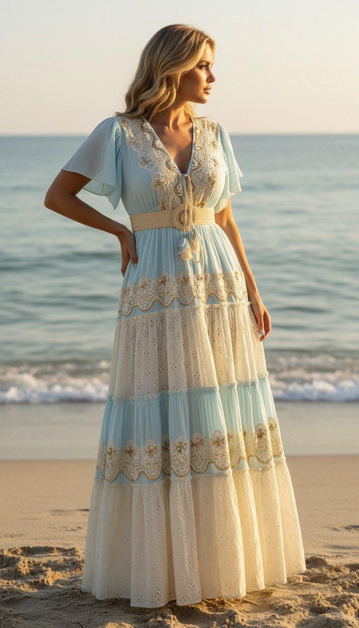 Boho Beach Maxi Dress, Blue Lace Summer Dress, Ibiza Style Maxi Dress, Cottagecore Dress, Romantic Vacation Dress, Bohemian Wedding Guest.