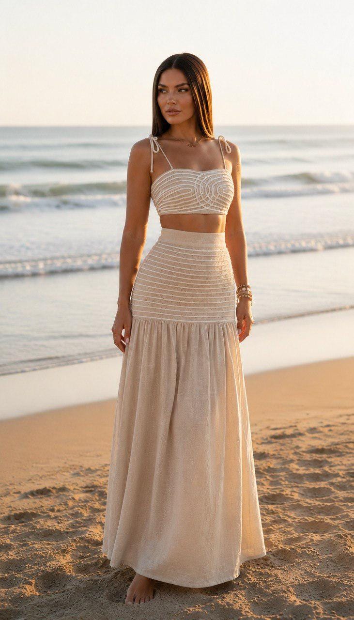 White Two Piece Set for Women, Boho Beach Outfit, Crop Top and Maxi Skirt Set, Resort Wear, Summer Vacation Outfit, Ibiza Co Ord Set.