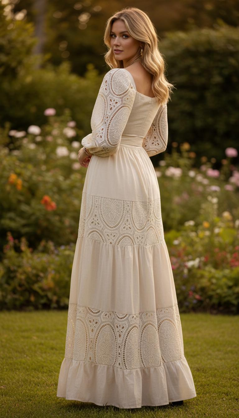 Boho Lace Maxi Dress, Cottagecore Dress, Beige Bohemian Dress, Puff Sleeve Maxi Dress, Romantic Summer Dress, Wedding Guest Dress