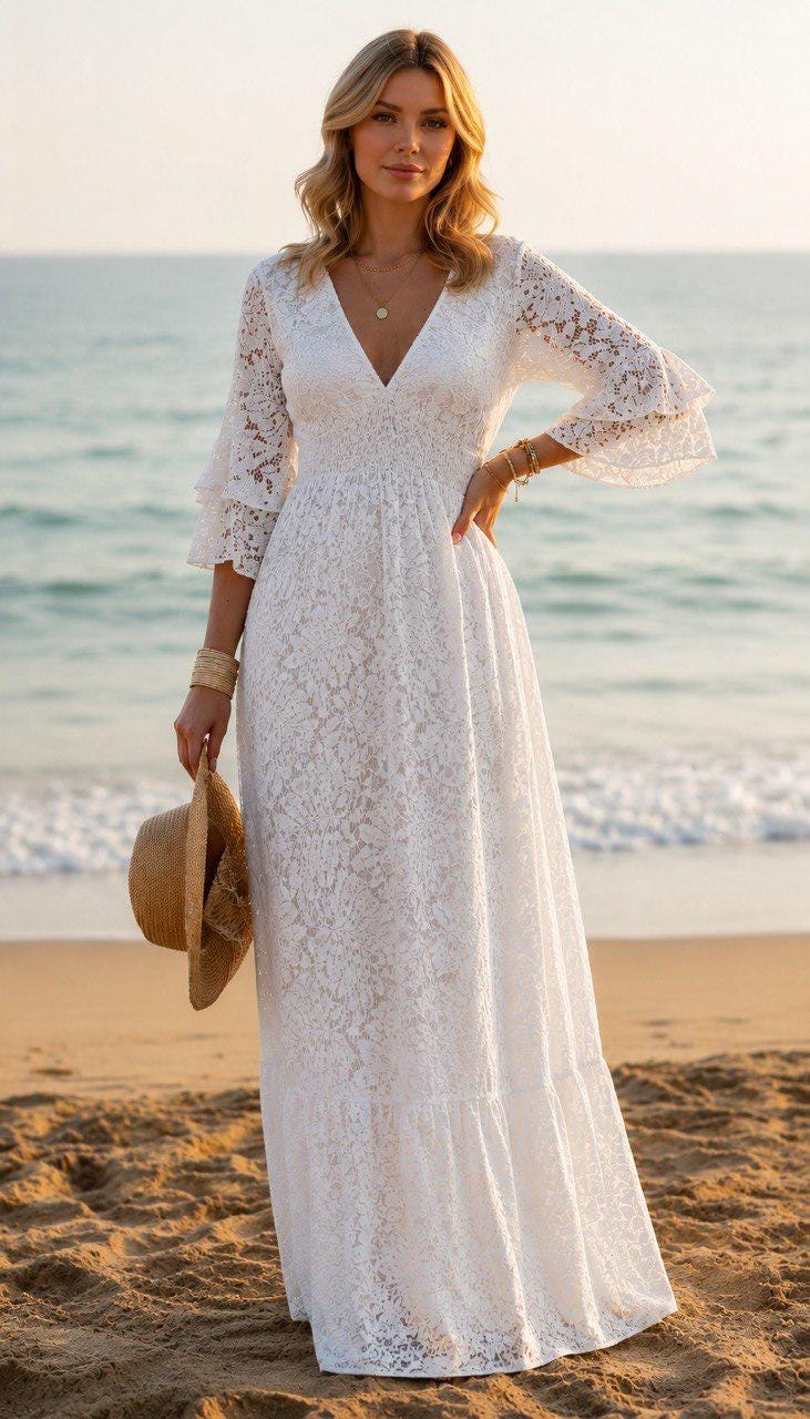 Boho Lace Maxi Dress, Cream Beach Dress, Bohemian Wedding Guest Dress, V Neck Long Dress, Flowy Summer Dress, Resort Wear, Bridal Shower.