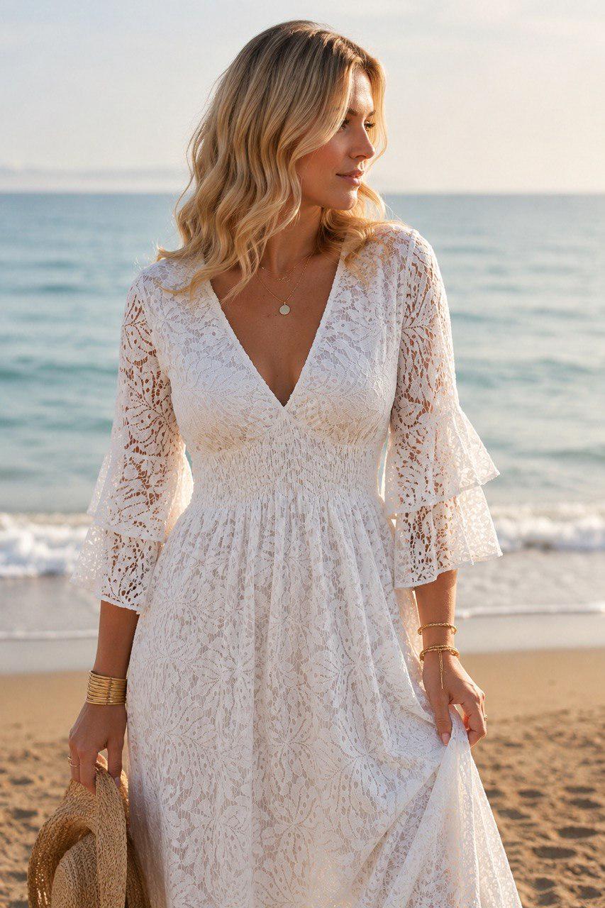 Elegant White Lace Maxi Dress, Boho Wedding Guest Dress, Romantic V-neck Dress, Cottagecore Summer Dress.